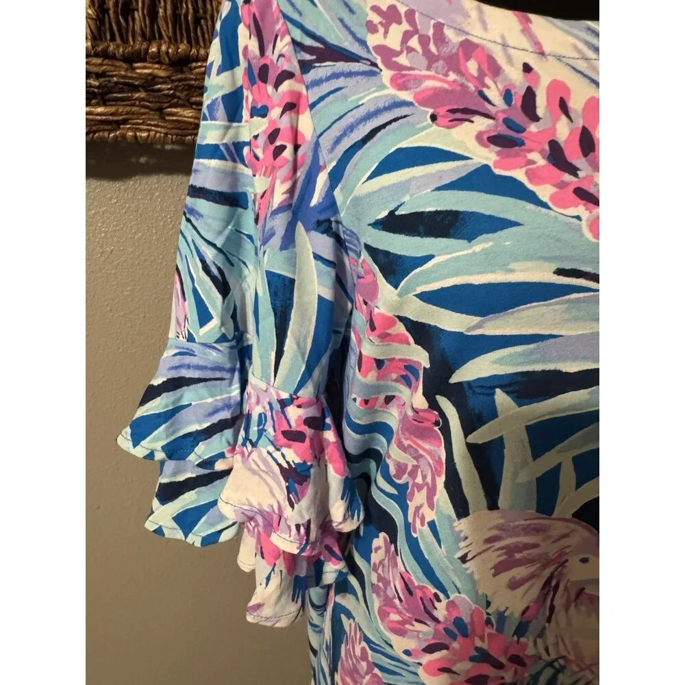 Lilly Pulitzer Dress M Blue Pink White Stretch Shift Short Ruffle Sleeve - Picture 4 of 13